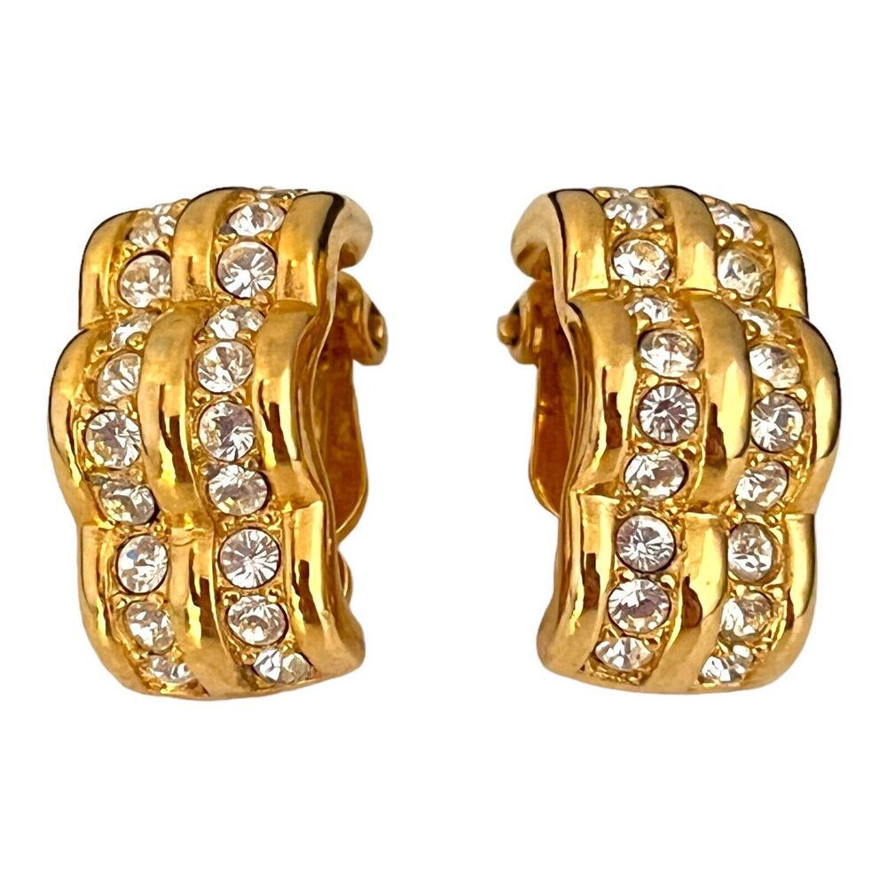 Vintage 1990s Swarovski Crystal Clip Earrings Gold Tone Pave - 7J